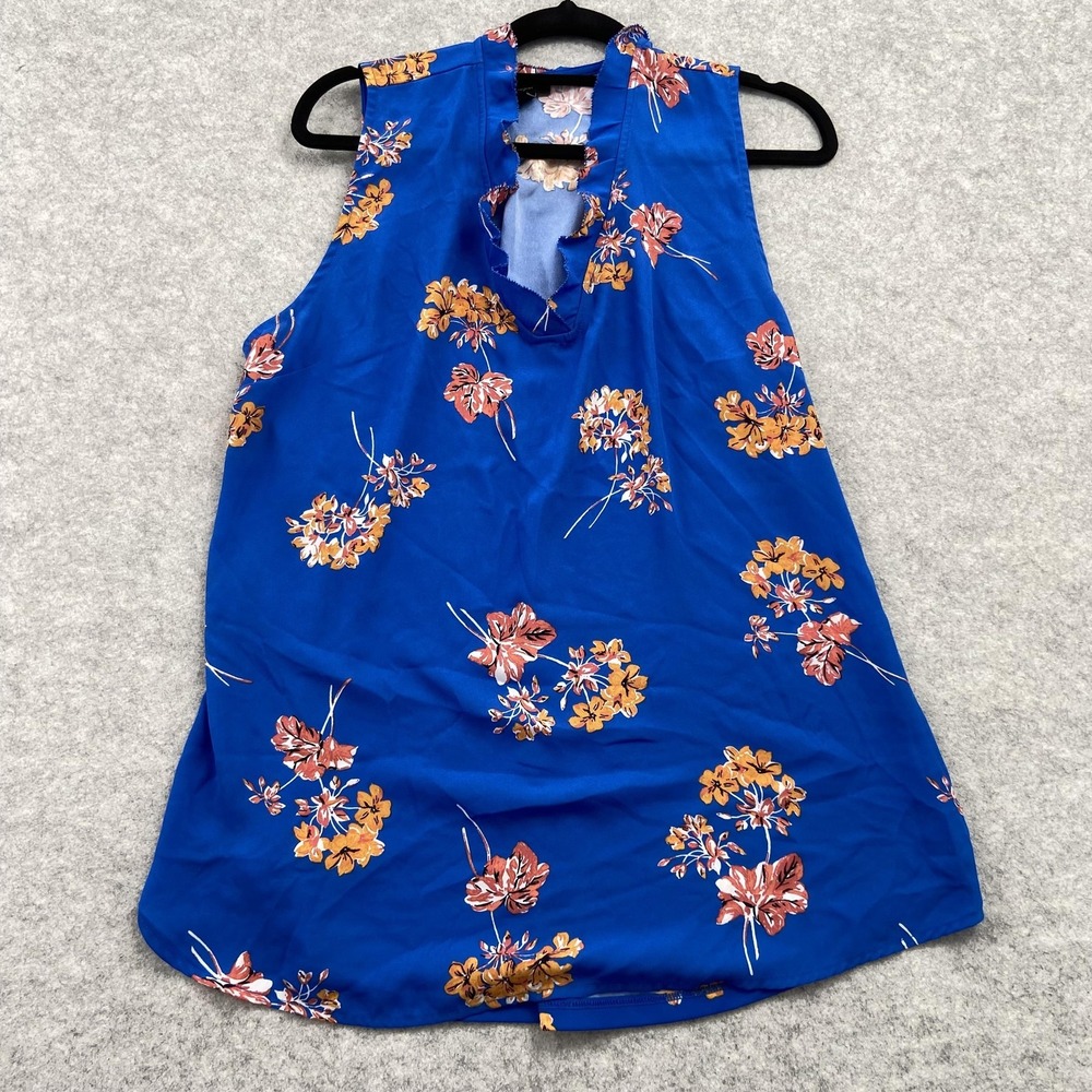 Ann Taylor Factory Blouse Womens L Blue Floral Ruffle V Neck Sleeveless Top